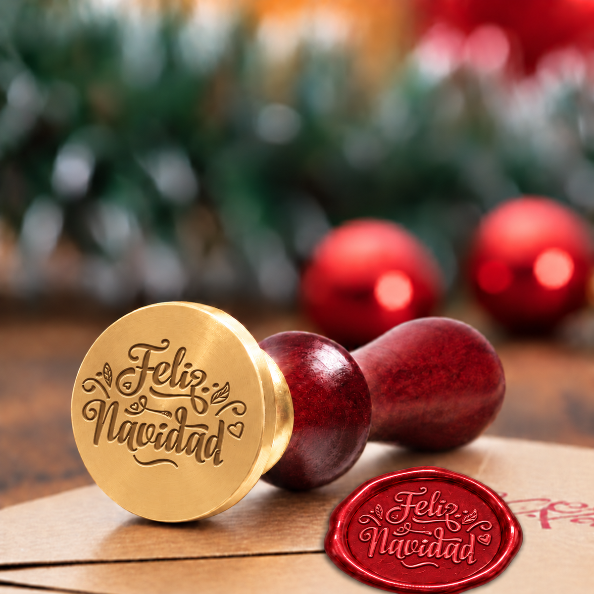 Feliz Navidad Christmas Wax Seal Stamp with Burgundy Wood Handle