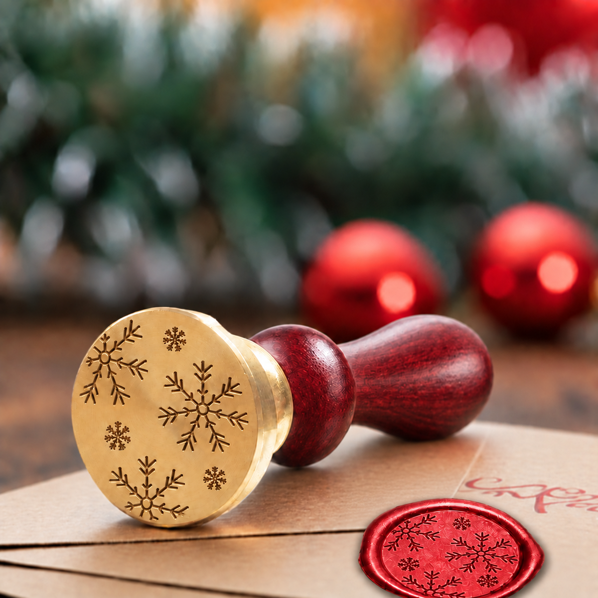 Snowflakes wax seal stamp with a burgundy wood handle