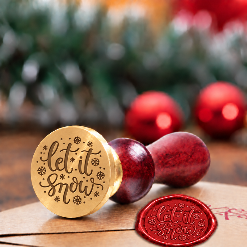 Let it Snow Brass wax seal stamp with a burgundy wood handle