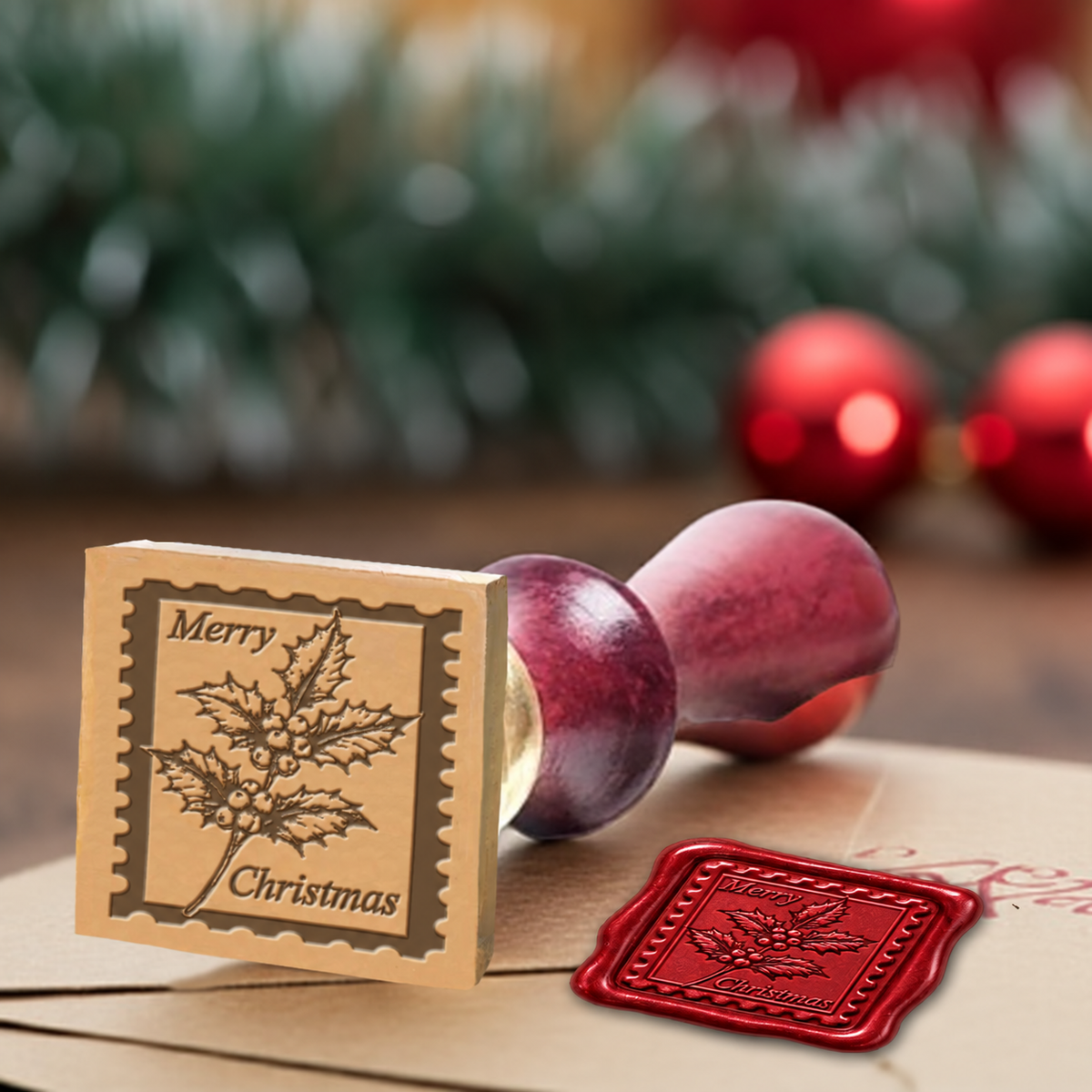 Merry Christmas Holly Wax Seal Stamp with Burgundy Wood Handle #6575