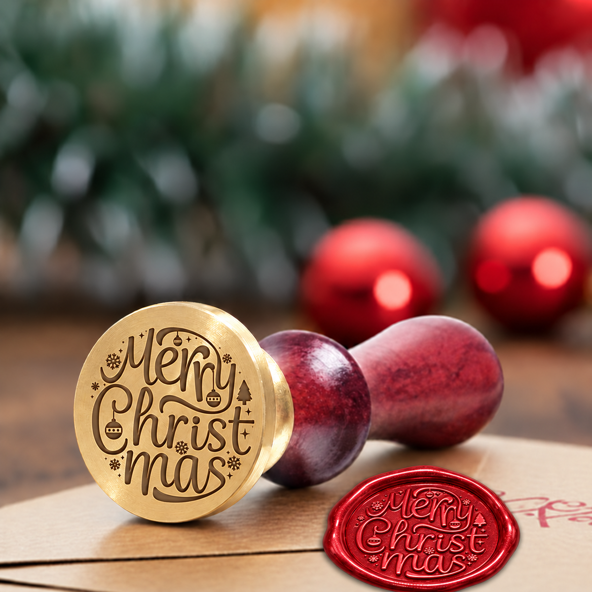 Merry Christmas Brass wax seal stamp with a burgundy wood handle