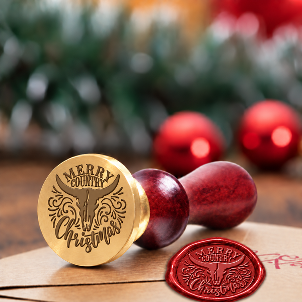 Merry Country Christmas Brass wax seal stamp with a burgundy wood handle