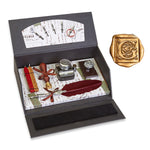 Quill Pen Writing Set Desk Box with Wax Seal Stamp, Sealing Wax, Inkwell with Holder, Blotter, Nibs and Burgundy Feather Quill