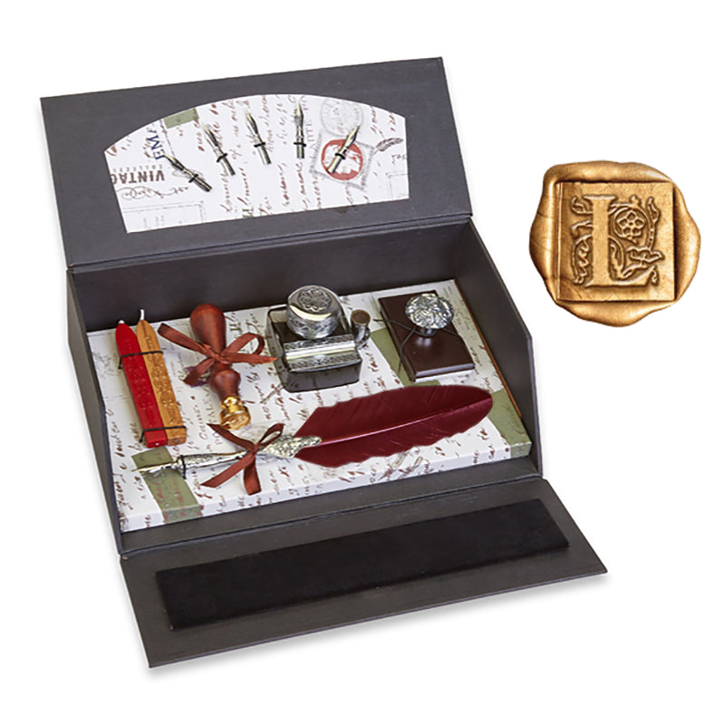 Quill Pen Writing Set Desk Box with Wax Seal Stamp, Sealing Wax, Inkwell with Holder, Blotter, Nibs and Burgundy Feather Quill
