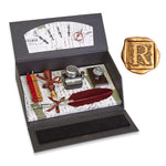 Quill Pen Writing Set Desk Box with Wax Seal Stamp, Sealing Wax, Inkwell with Holder, Blotter, Nibs and Burgundy Feather Quill