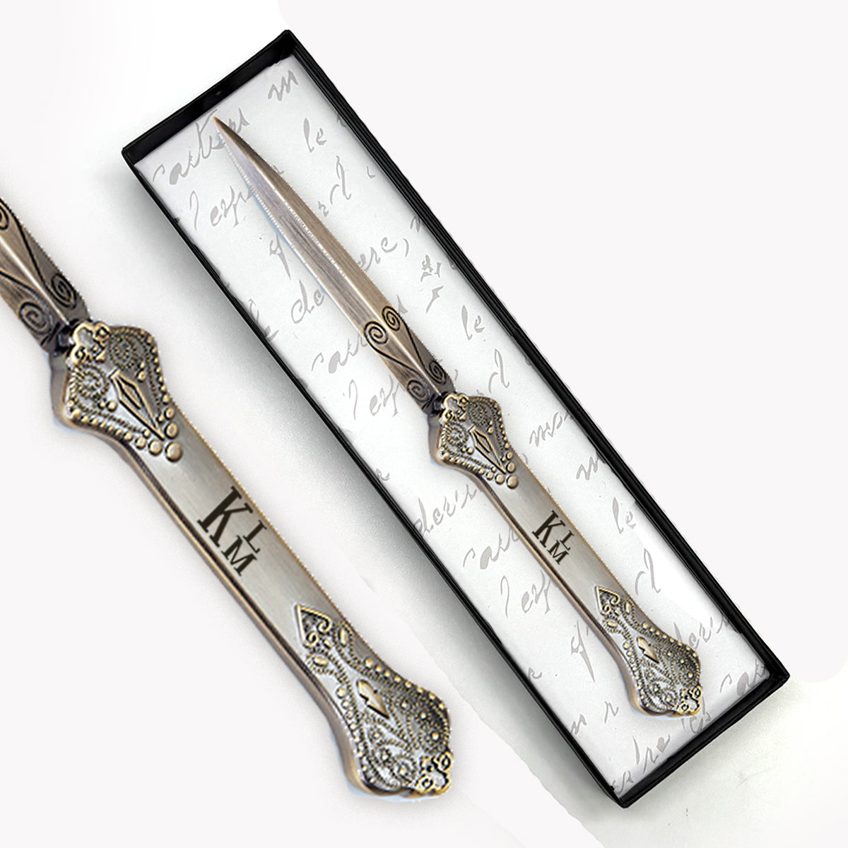 Personalized Antiqued Metal Letter Opener - Stacked 3 initials - Nostalgic Impressions