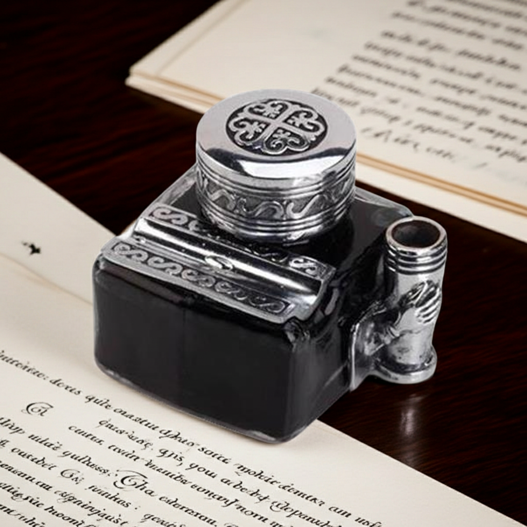 Glass Inkwell with 2 Pen Rests -filled with Ink
