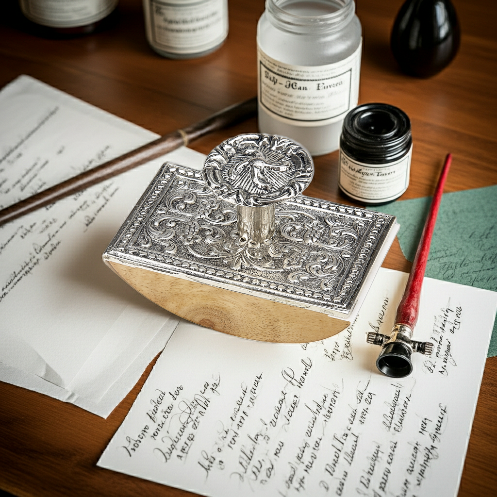 Wood Rocking Ink Blotter-Decorated Metal top-Silver