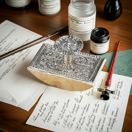 Wood Rocking Ink Blotter-Decorated Metal top-Silver