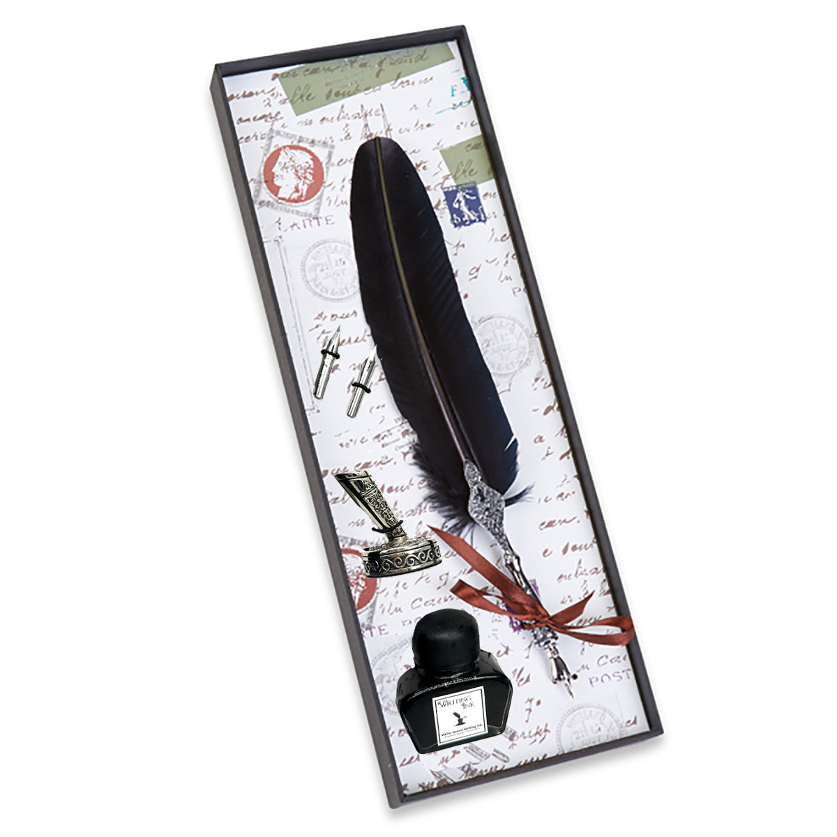 Feather Quill Pen, Ink & Pen Holder Set with-Detailed Silver Metal Dip Pen & Pen Stand