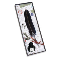Feather Quill Pen, Ink & Pen Holder Set with-Detailed Silver Metal Dip Pen & Pen Stand