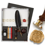 Linen Stationery Wax Seal Set with Black Quill Pen, Ink, Pen Stand & Initial or Design Wax Seal Stamp