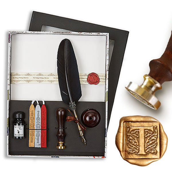 Linen Stationery Wax Seal Set with Black Quill Pen, Ink, Pen Stand & Initial or Design Wax Seal Stamp