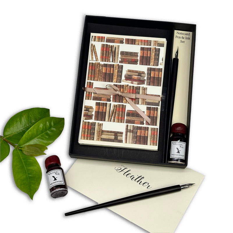 Library Books Italian Stationery Writing Set with Note Cards, Dip Pen and Ink