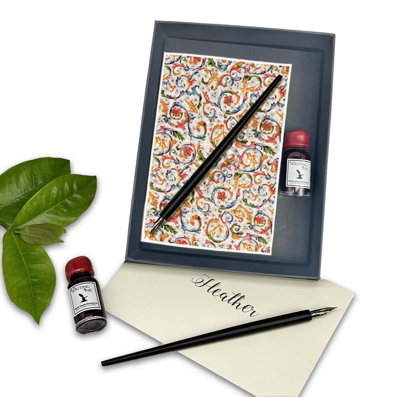 Italian Stationery Writing Set with Note Cards, Dip Pen and Ink - multi designs