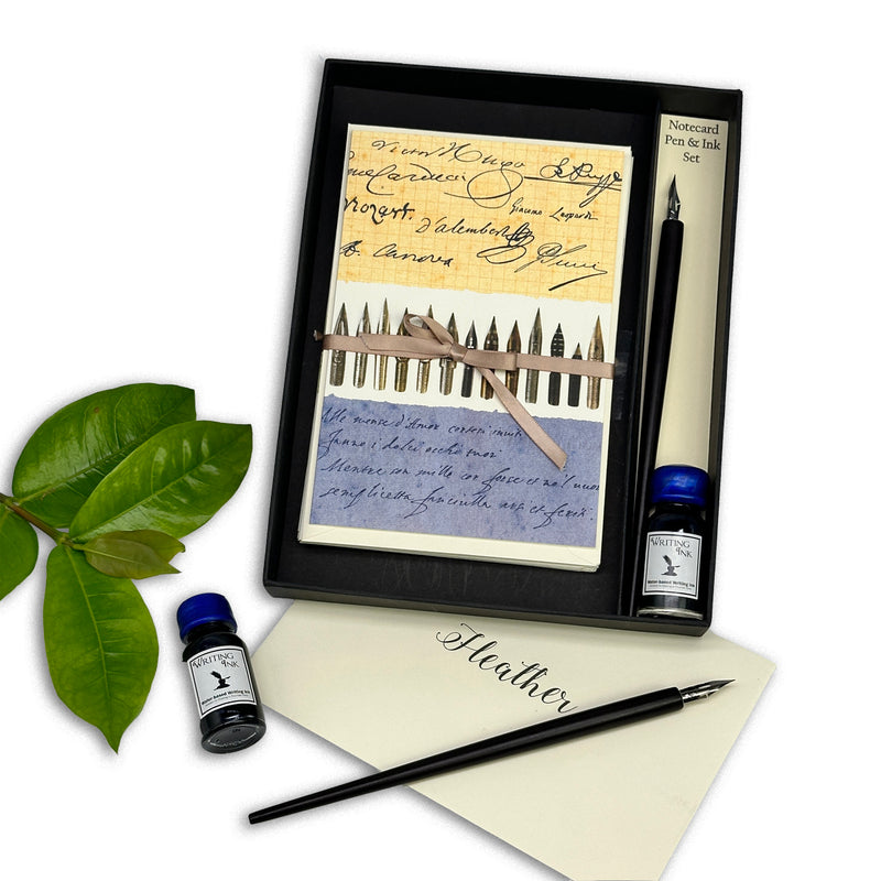 Italian Stationery Writing Set with Note Cards, Dip Pen and Ink - multi designs