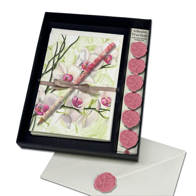 Orchids Italian Note Card Stationery Gift Set with Adhesive Wax Seals