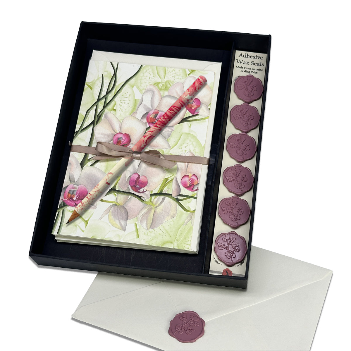 Orchids Italian Note Card Stationery Gift Set with Adhesive Wax Seals