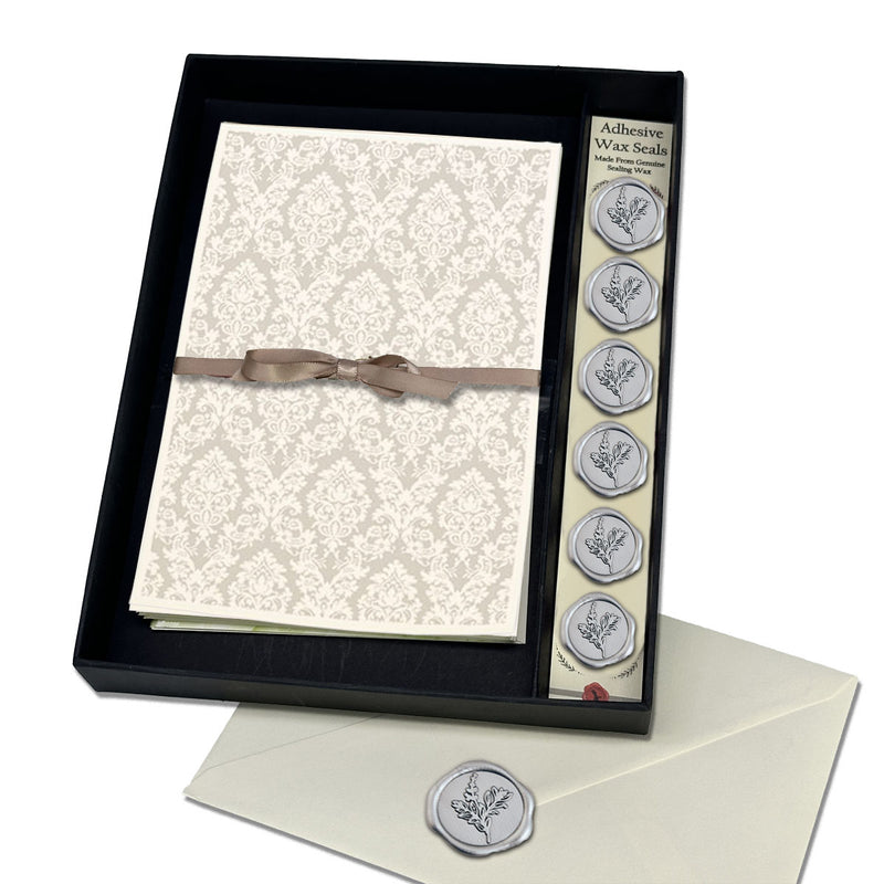 Silver Brocade Italian Note Card Stationery Gift Set with Adhesive Wax Seals