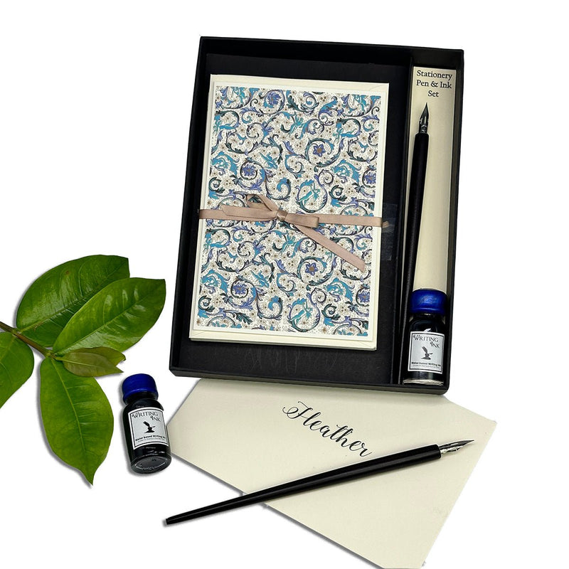 Florentia Azzure Italian Stationery Writing Set with Note Cards, Dip Pen and Ink - Nostalgic Impressions