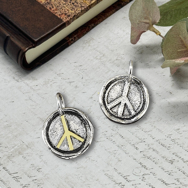 Peace Petite Wax Seal Charm 5/8" Antiqued Silver or Brass Accent - Made in Italy - Nostalgic Impressions