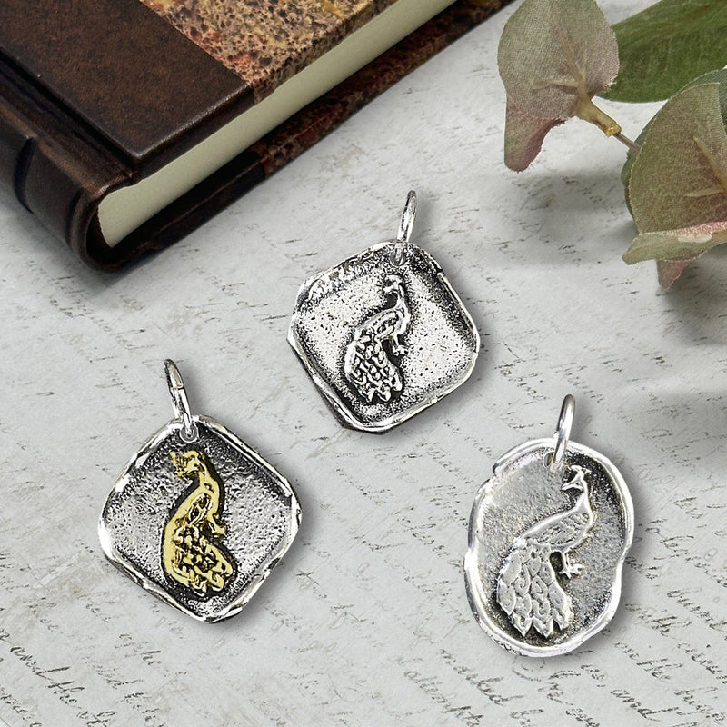 Peacock Petite Wax Seal Charm 5/8" Antiqued Silver or Brass Accent - Made in Italy - Nostalgic Impressions