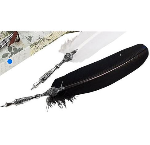 Feather Quill Pen, Ink & Pen Holder Set with-Detailed Silver Metal Dip Pen & Pen Stand