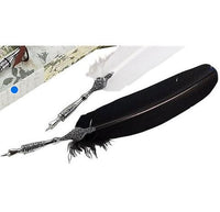 Feather Quill Pen, Ink & Pen Holder Set with-Detailed Silver Metal Dip Pen & Pen Stand