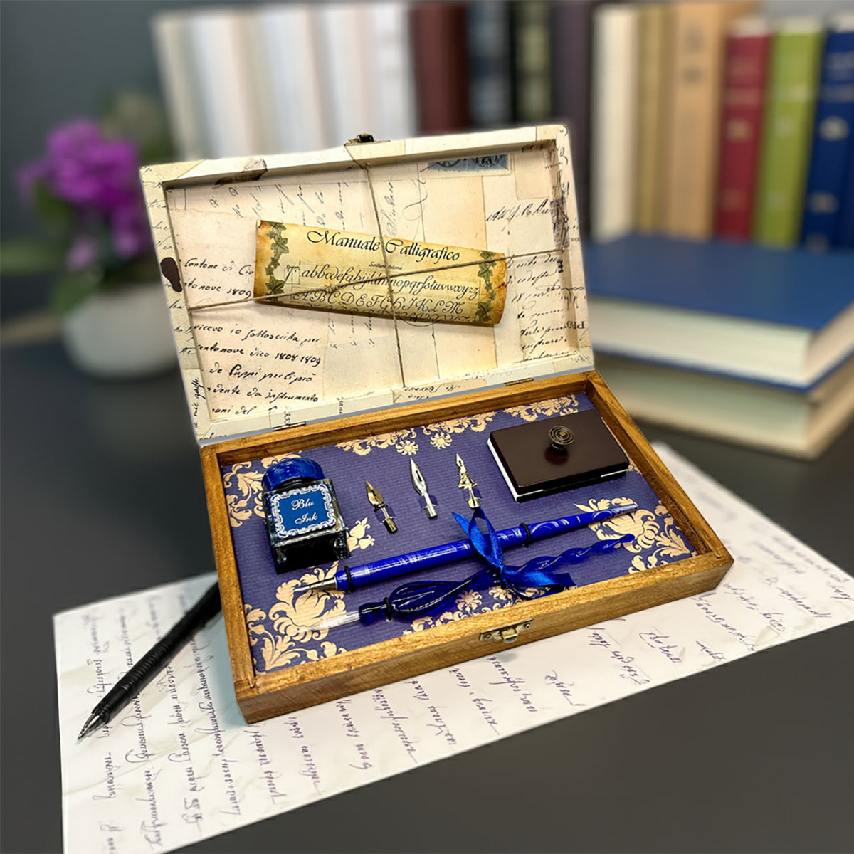 Calligraphy Dip Pen Set in wooden box  with 2 Pens, Ink, Nibs, Blotter and Scroll- Made In Italy