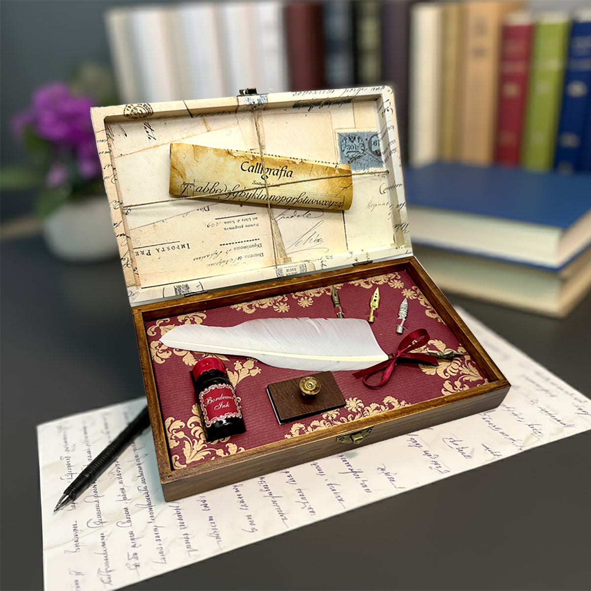Calligraphy Feather Dip Pen Set in wooden box  with Burgundy Ink, Nibs, Blotter and Scroll- Made In Italy