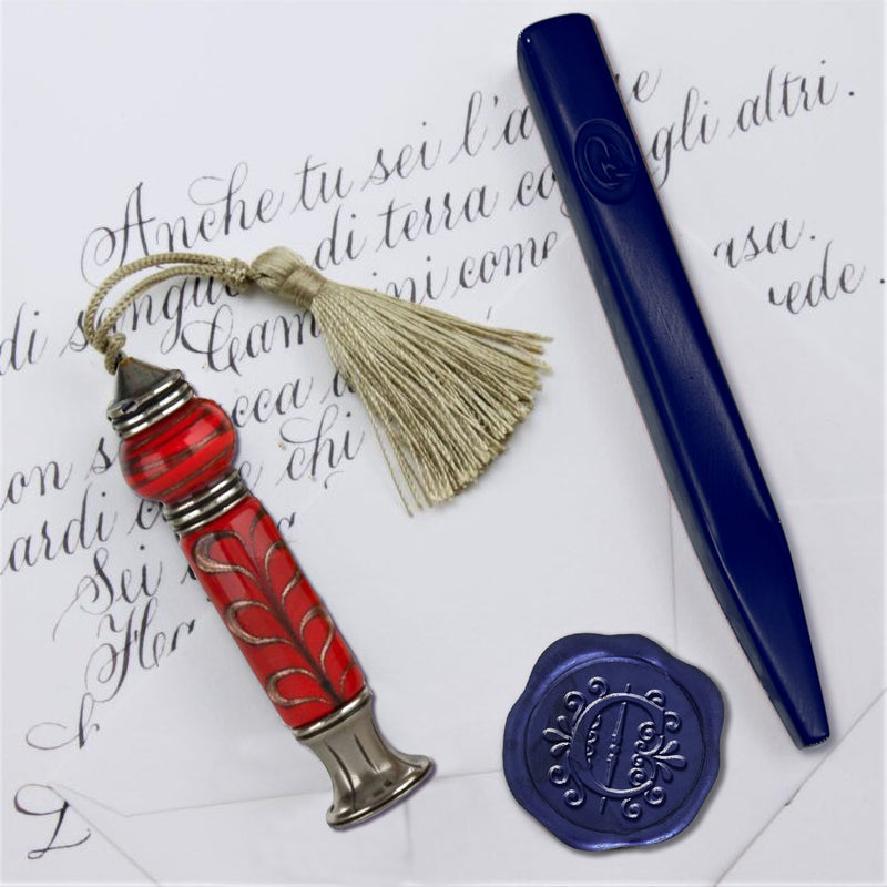 Murano Red Glass Gold Leaf Handled Wax Seal Stamp with Tassel and Apex Initial - Nostalgic Impressions
