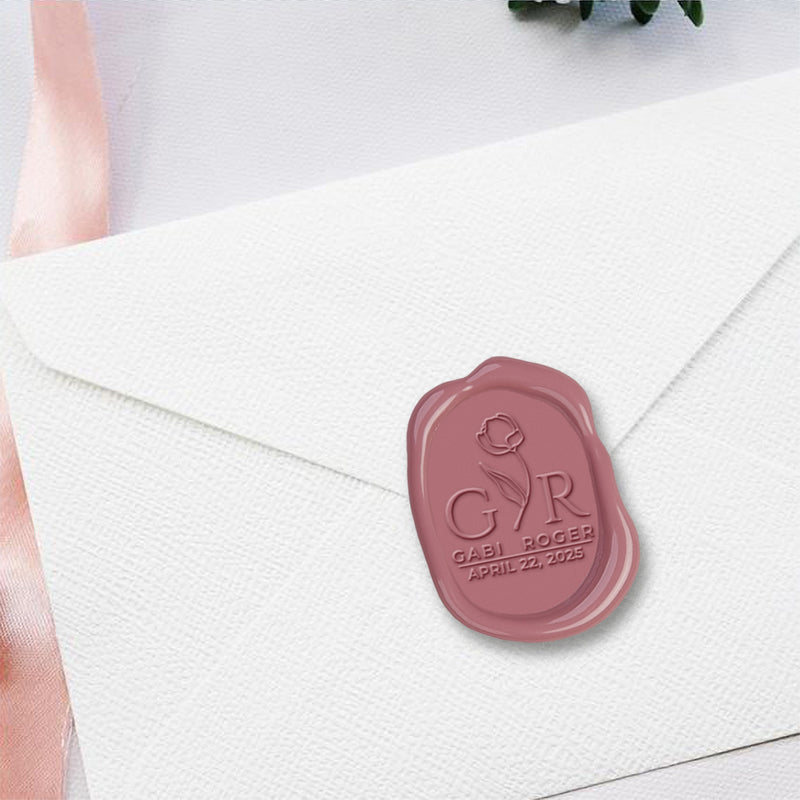 Bella Rosa Wedding Monogram Adhesive Wax Seals Rounded Oval with names #2589 bundle with stamp - Nostalgic Impressions