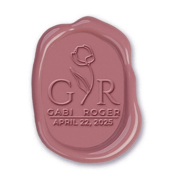 Bella Rosa Wedding Monogram Adhesive Wax Seals Rounded Oval with names #2589 bundle with stamp - Nostalgic Impressions