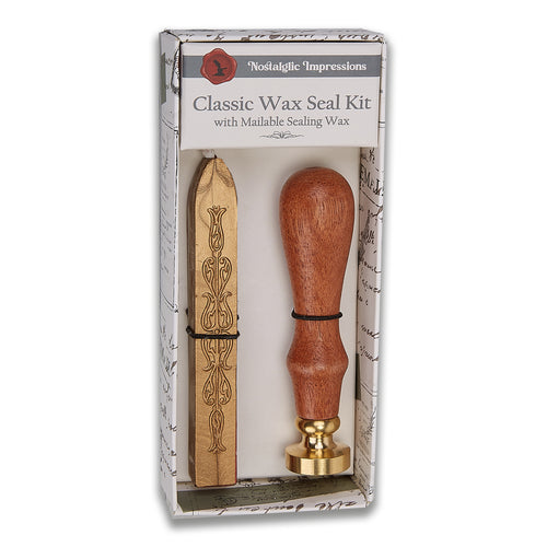 Initial Wax Seal Gift Set Kit with Scroll font - Brown Wood Handle & Gold Sealing Wax - Nostalgic Impressions