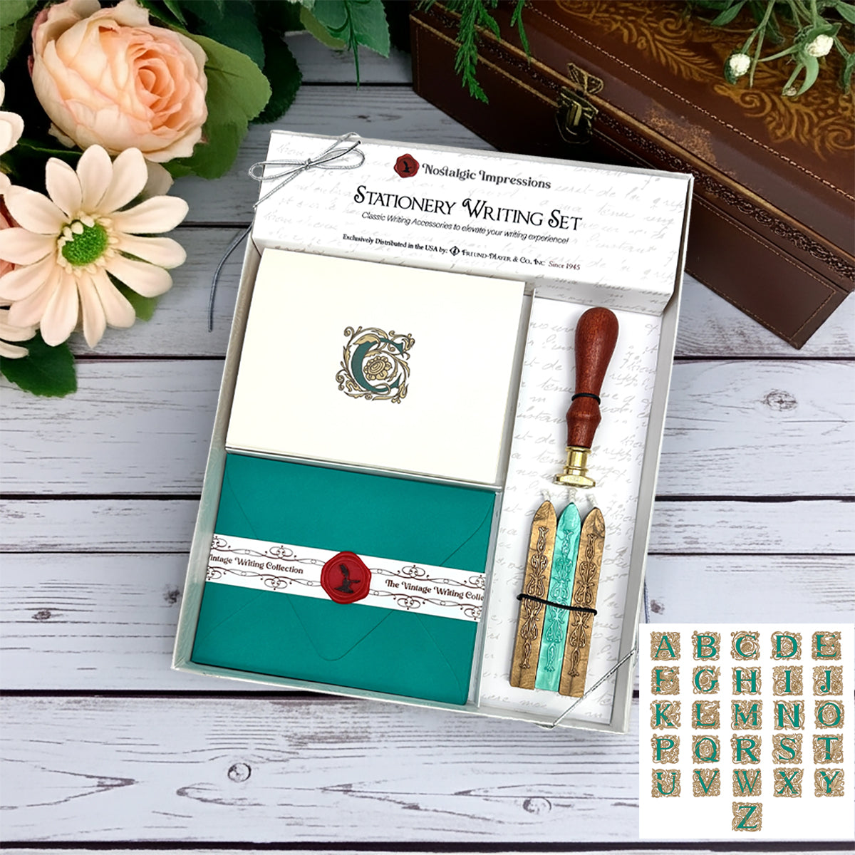Filigree Initial Stationery Writing Set with Wax Stamp and Sealing Wax