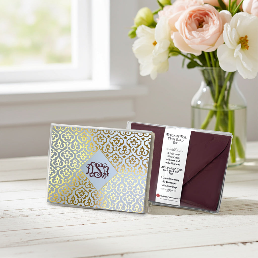 Personalized 3 Initial Tiffany Monogram Foil Note Cards with Envelopes Boxed Set by Nostalgic Impressions