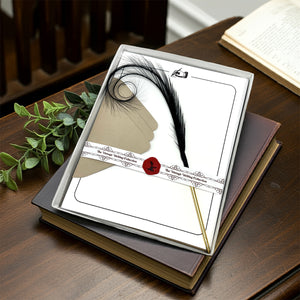 Letterpress Stationery Set with Curled Feather Ballpoint Pen & Vintage Symbol Letterheads & Envelopes