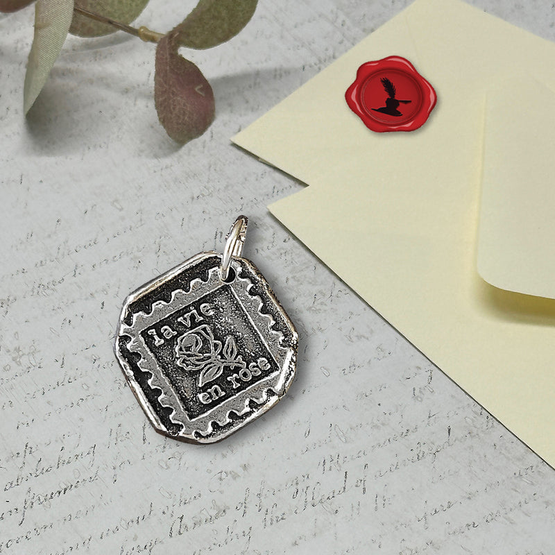 La vie en Rose Wax Seal Charm 1"Vintage-style square -Antiqued Silver-Made in Italy