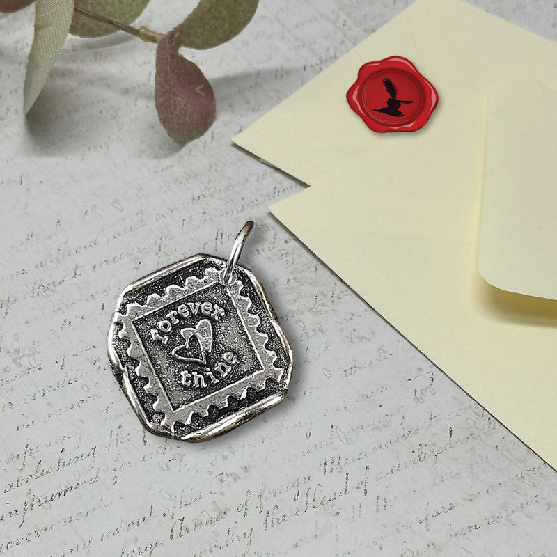 Forever Thine with hearts Wax Seal Charm 1"Vintage-style square -Antiqued Silver-Made in Italy