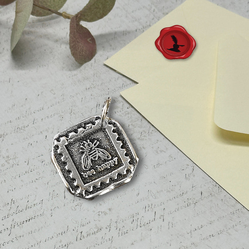 Bee Happy Wax Seal Charm 1"Vintage-style square -Antiqued Silver-Made in Italy