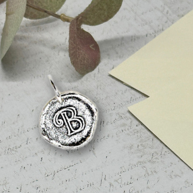 Petite Initial Wax Seal Charm 5/8" -Antiqued Silver -Made In Italy