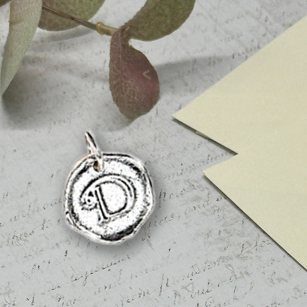 Petite Initial Wax Seal Charm 5/8" - Antiqued Silver - Made In Italy - Nostalgic Impressions