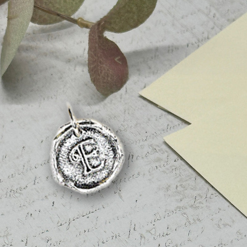 Petite Initial Wax Seal Charm 5/8" -Antiqued Silver -Made In Italy