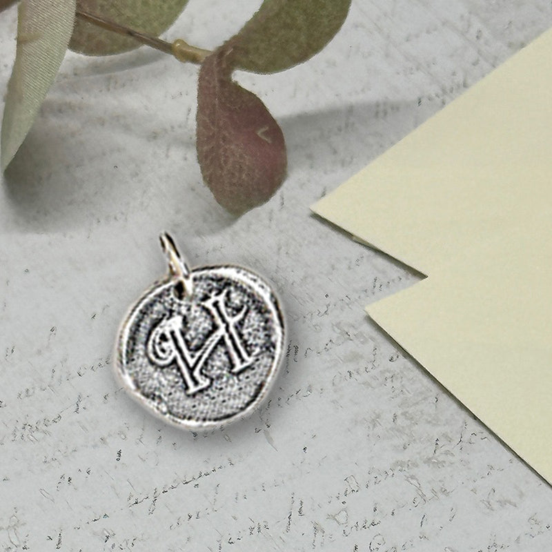 Petite Initial Wax Seal Charm 5/8" -Antiqued Silver -Made In Italy