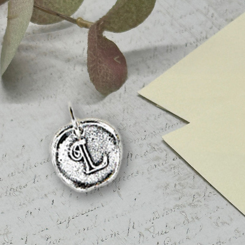 Petite Initial Wax Seal Charm 5/8" -Antiqued Silver -Made In Italy