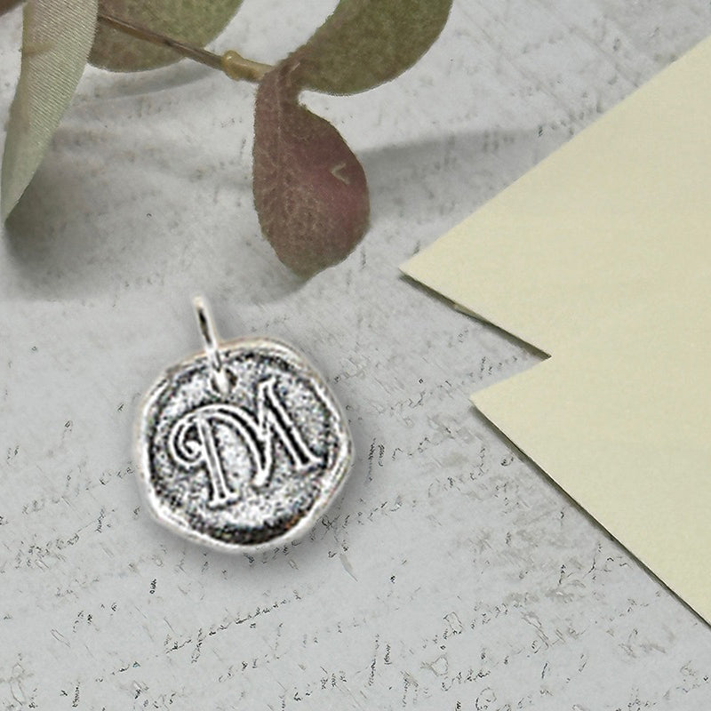 Petite Initial Wax Seal Charm 5/8" -Antiqued Silver -Made In Italy