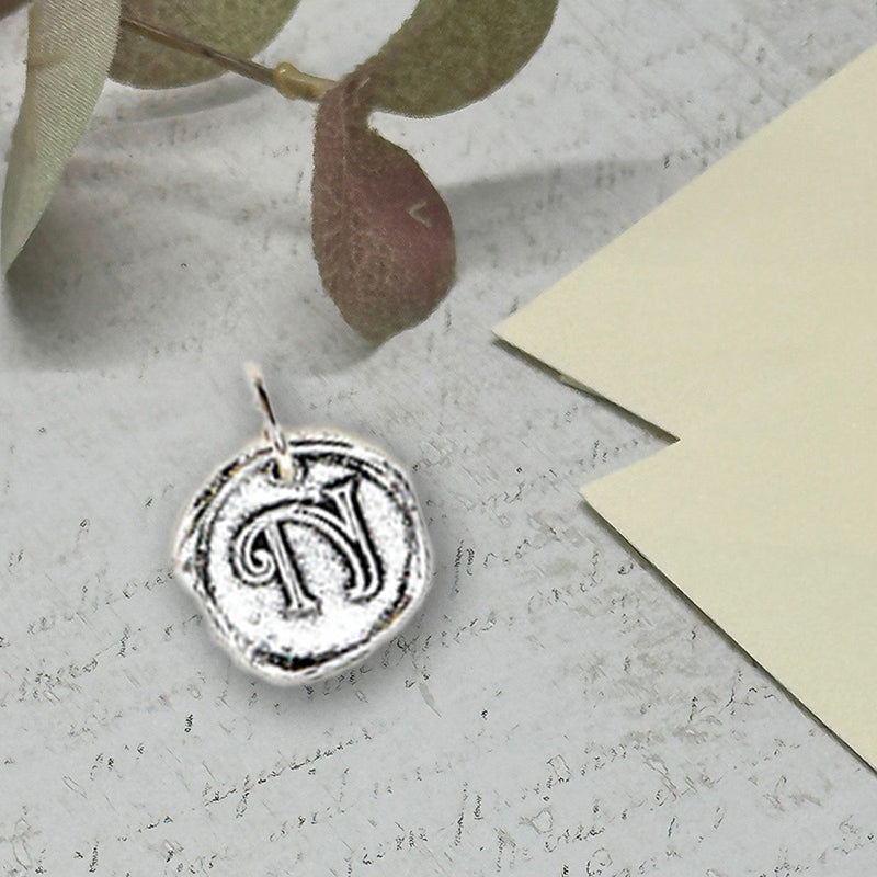 Petite Initial Wax Seal Charm 5/8" -Antiqued Silver -Made In Italy