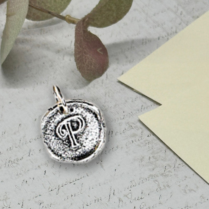 Petite Initial Wax Seal Charm 5/8" -Antiqued Silver -Made In Italy