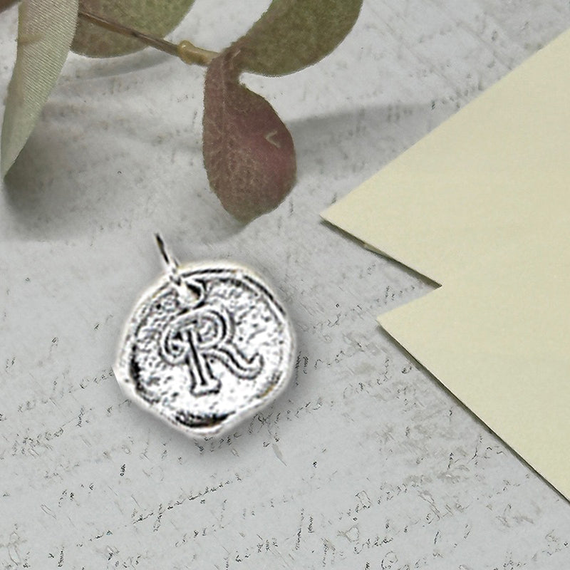 Petite Initial Wax Seal Charm 5/8" -Antiqued Silver -Made In Italy