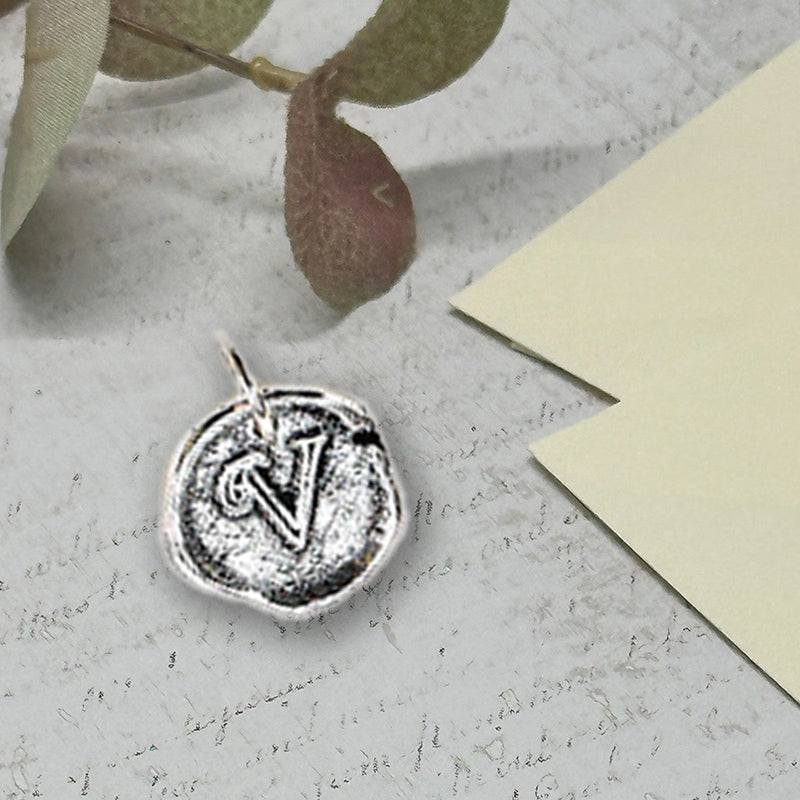 Petite Initial Wax Seal Charm 5/8" -Antiqued Silver -Made In Italy